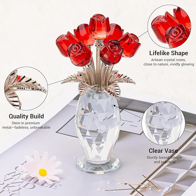 Glass Rose Flowers, Crystal Glass Figurines Rose Decorations for Home Gifts for Mom Wife Grandma, Crystal Flowers Collectible Ornament Mother's Day Thanksgiving Anniversary Birthday Gifts (Red Rose)