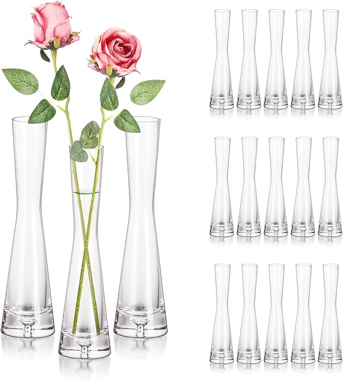 Hewory Glass Bud Vases for Centerpieces Set of 18, Handmade Modern Clear Small Skinny Decorative Single Flower Vase, Minimalist Slim Floral Vase for Home Wedding Party Events Table Decor, 7.87"