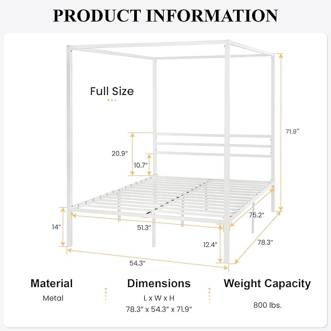 SHA CERLIN Canopy Bed Frame Full Size/Mattress Foundation with Metal Slats Support/No Box Spring Needed/Easy Assembly/White
