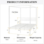 SHA CERLIN Canopy Bed Frame Full Size/Mattress Foundation with Metal Slats Support/No Box Spring Needed/Easy Assembly/White