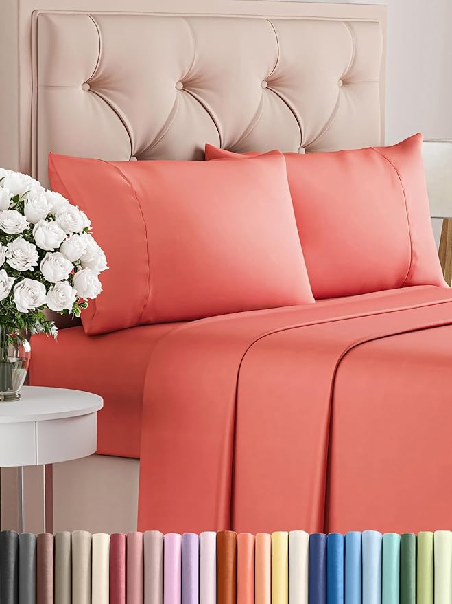 Twin Sheets Set 4 Piece - Includes 2 Pillowcases - Bed Sheets Twin Size - Soft Hotel Luxury Bedding - Cooling, Comfy, Cozy and Breathable - 1 Flat & 1 Fitted & 2 Pillowcases w/ Deep Pockets - Coral