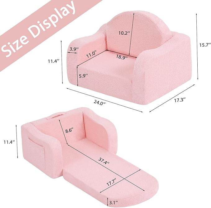 Welnow 2-in-1 Kids Sofa Chair, Convertible Toddler Chair Flip Out Children Sofa Chair with Wave Armrests Folding Kids Play Sofa with Side Pockets & Removable Cover Armchair for Girl or Boy