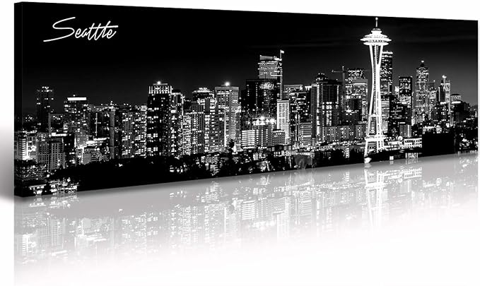 Seattle City Skyline Wall Art Black and White Canvas Prints Panorama Cityscape Picture Night View Painting Poster Modern Artwork Home Decor for Office Living Room - Ready to Hang 13.8" x 47.3"