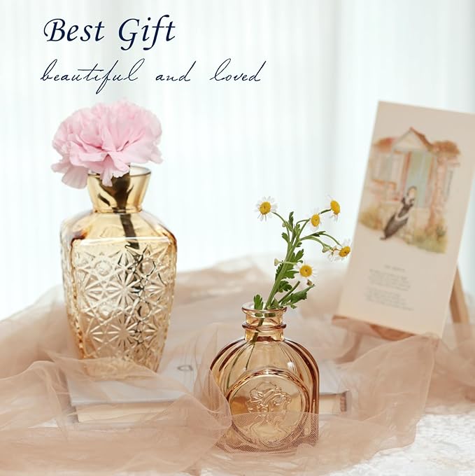 Bud Vases Set of 12,Glass Bud Vases in Bulk,Small Flower Vases for Centerpieces,Mini Vintage Vase for Wedding, Home Table Decor,Christmas,Party Decoration,Gold Amber