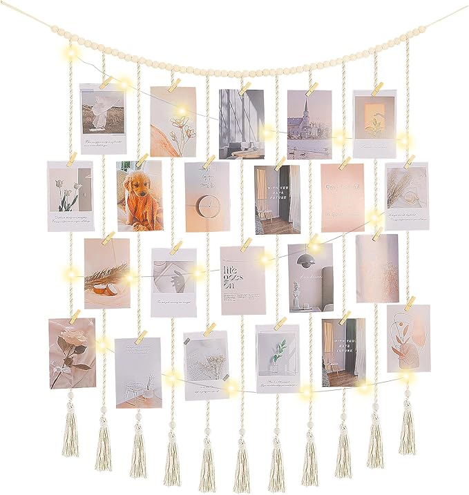 Macrame Hanging Photo Display Boho Wall Decor with String Lights Wooden Beads Garland Picture Frame Collage Holder with 45 Clips for Room, Bedroom, Dorm, Christmas Teenage Teen Girl Gifts (Beige, Large)