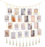 Macrame Hanging Photo Display Boho Wall Decor with String Lights Wooden Beads Garland Picture Frame Collage Holder with 45 Clips for Room, Bedroom, Dorm, Christmas Teenage Teen Girl Gifts (Beige, Large)