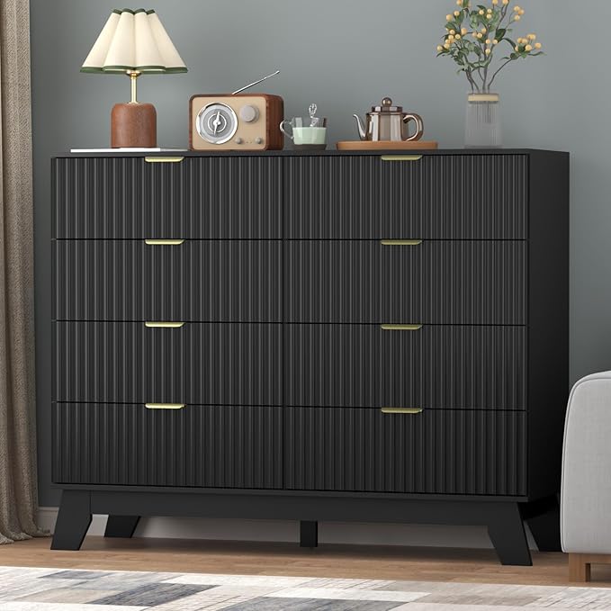 Fluted Dresser for Bedroom,8 Drawer Dresser for Closet,Storage Cabinet and Chest of Drawers with Gold Handle,TV Stand,Storage Organizer for Living Room,Hallway,Entryway,Black
