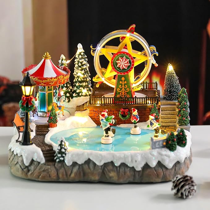 Bdor Christmas Village Lighted Decoration with Carousel, Ferris Wheel, Skaters | 11.4 x 10.4 x 7.7 Inches Animated Holiday Scene with Music & LED Lights for Indoor Home Décor