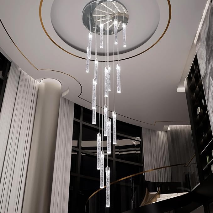H125'' Modern Crystal Chandeliers for Entryway 18-Lights LED Dimmable Chandeliers Lighting Fixture Large Pendant Light for Staircaes Living Room Villa