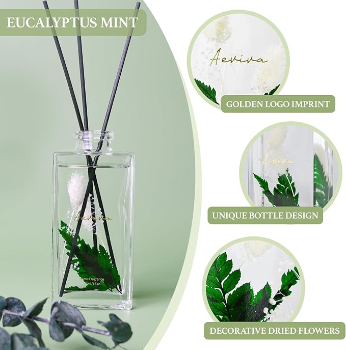 Flower Reed Diffuser Set, 5 oz Eucalyptus Mint Scent Diffuser with Sticks, Home Fragrance Scented Oil Reed Diffusers for Home, Bathroom, Decor & Gift