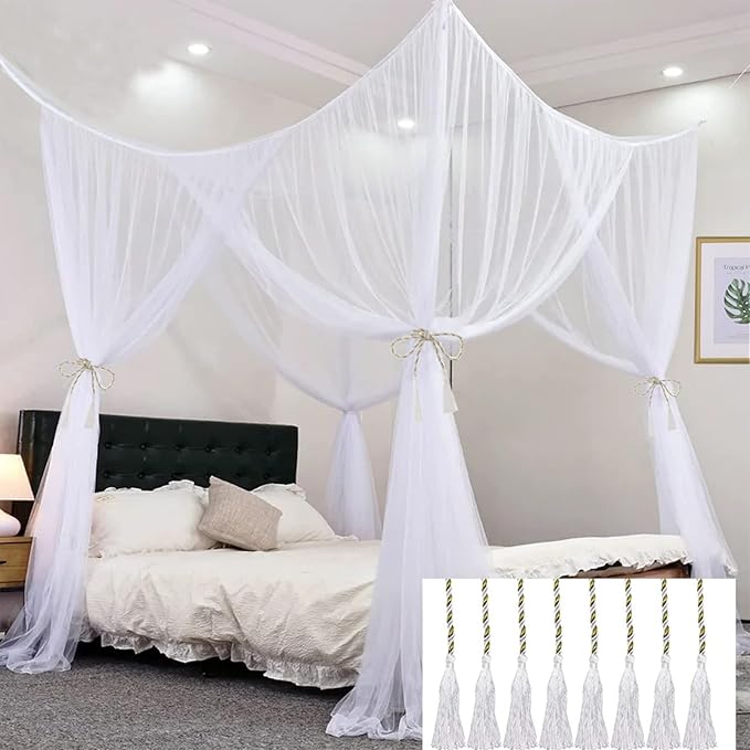 VISATOR Mosquito Net Bed Canopy, 4 Corner Post Canopy Bed Curtains with 4 Hanging Hooks, 30ft Tether and 4 Tassel Hanging Pendants for Full/Queen/King Size