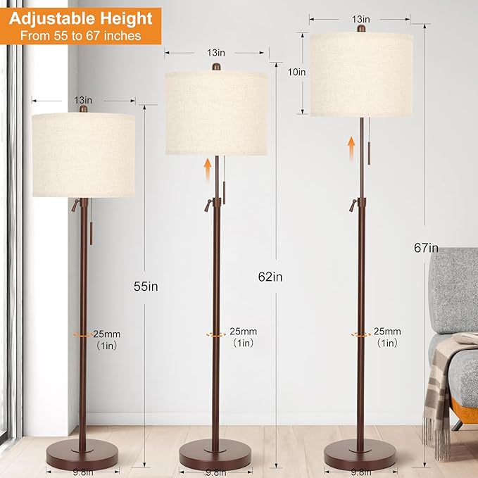 Metal Brown Floor Lamp for Living Room, Adjustable Height Standing Lamp, Pole Light for Bedroom, with Linen Shade and Metal Base, Pull Chain Switch, 3-Way 8W LED Bulb Included