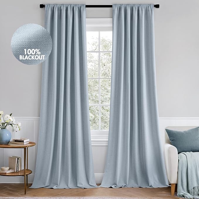 MIULEE 100% Blackout Curtains 96 Inch Long 2 Panels Set for Bedroom, Thick Faux Linen Black Out Curtain Room Darkening Back Tab Pleat Window Textured Drapes with Hooks for Living Room, Chambray Blue
