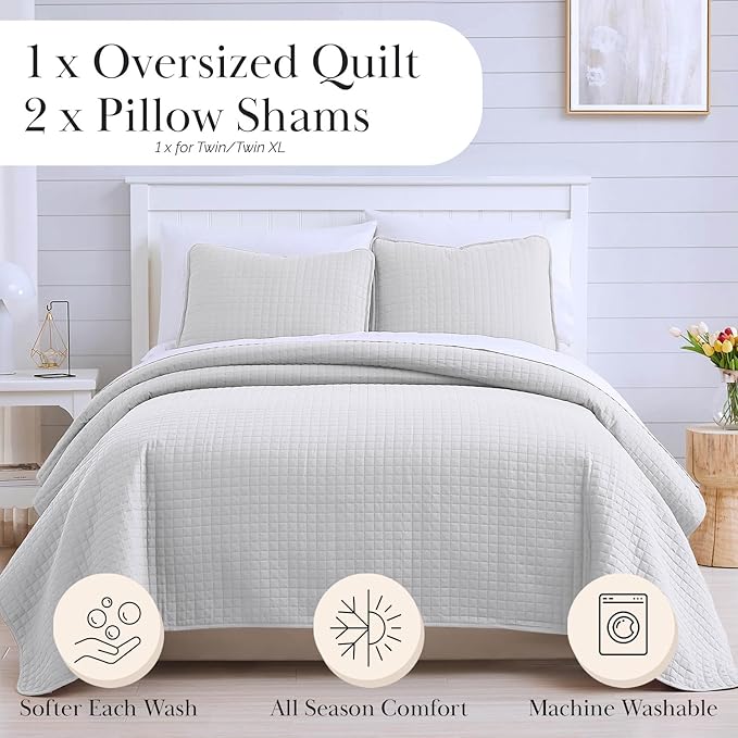 Southshore Fine Living, Inc. Twin XL Comforter Quilt Bedding Set, Dorm Room Bedding Essentials, Stain Resistant, Machine Washable Bedspread, XL/Twin Grey Quilt Bed Spread with Pillow Sham, Light Grey