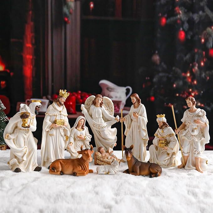 Nativity Set 8.3 Inch 11 PCS Large Christmas Village Nativity Scene Indoor Collectible Bulidings Nativity Sets & Figures Vintage Xmas Holiday Decorations Displays for Room Desktop Decor
