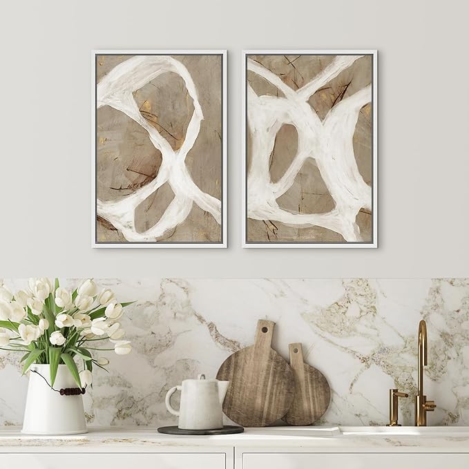 SIGNFORD Framed Canvas Print Wall Art Set Abstract White and Beige Brushstrokes on Neutral Illustrations Modern Art Decorative Bohemian for Living Room, Bedroom, Office - 16"x24"x2 White
