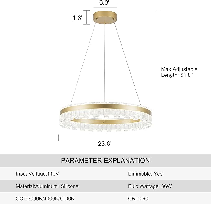 MADEM Modern Gold Led Pendant Light,36W Dimmable LED Chandelier Lighting Fixture, 1 Ring Circular Hanging Led Pendant Lighting for Living Room Dining Room Kitchen Island Foyer Office