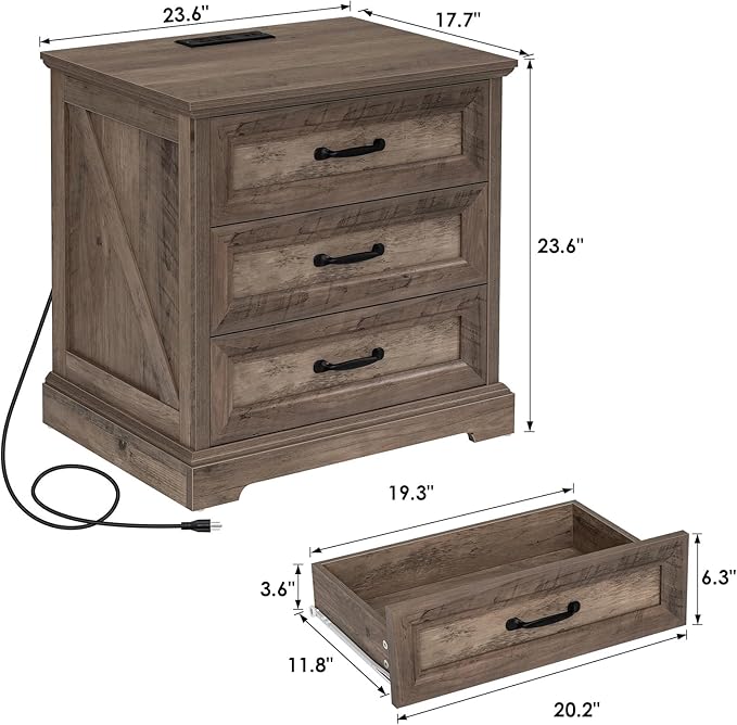 HOMMPA 24'' Farmhouse Nightstand with Charging Station, Bedside Tables with Storage, Side Table with USB Port, 3 Drawers End Table Dresser, Wood Night Stand for Bedroom, Living Room, Greige