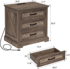 HOMMPA 24'' Farmhouse Nightstand with Charging Station, Bedside Tables with Storage, Side Table with USB Port, 3 Drawers End Table Dresser, Wood Night Stand for Bedroom, Living Room, Greige