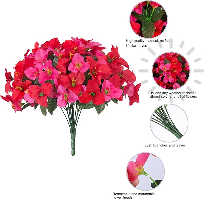 Artificial Flowers for Outdoors, 4 Bundles Fake Bougainvillea Flower UV Resistant Silk Flowers for Outside, Outdoor Faux Plants for Planter Patio Porch Window Garden Home Decoration (RedHotpink)