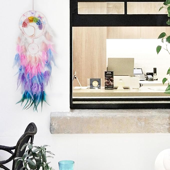 7 Chakras Dream Catchers Tree of Life Dream Catcher Colorful Feather Butterfly Dreamcatcher Wall Decor with Rainbow Healing Crystal Stone Wall Art for Bedroom Home Decor Bless Gift Wedding Party