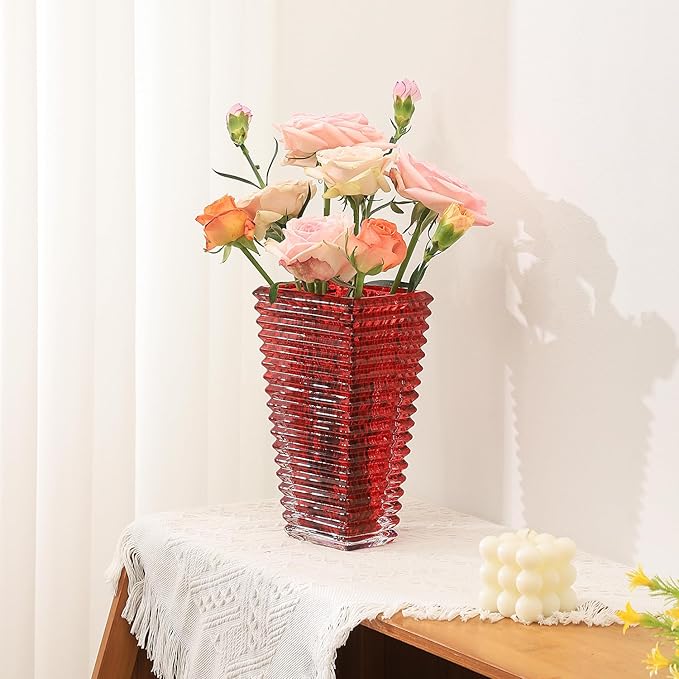 MCMCNCUIU Crystal Vase, Large Crystal Vases for Flowers, Red Large Flower Vase, Modern Glass Vases for Living Room, Bedroom, Kitchen, Dining Table, Mantle, Wedding, 9 Inches