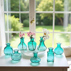 Bud Vases in Bulk Small Glass Green Vase Set of 8 Different Shape Smooth Surface Vintage Mini Tiny Vases Modern Cute for Flowers Table Wedding Decor Centerpieces Home Party Dining Room