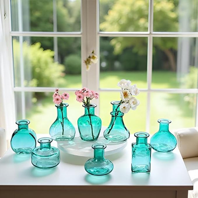 Bud Vases in Bulk Small Glass Green Vase Set of 8 Different Shape Smooth Surface Vintage Mini Tiny Vases Modern Cute for Flowers Table Wedding Decor Centerpieces Home Party Dining Room