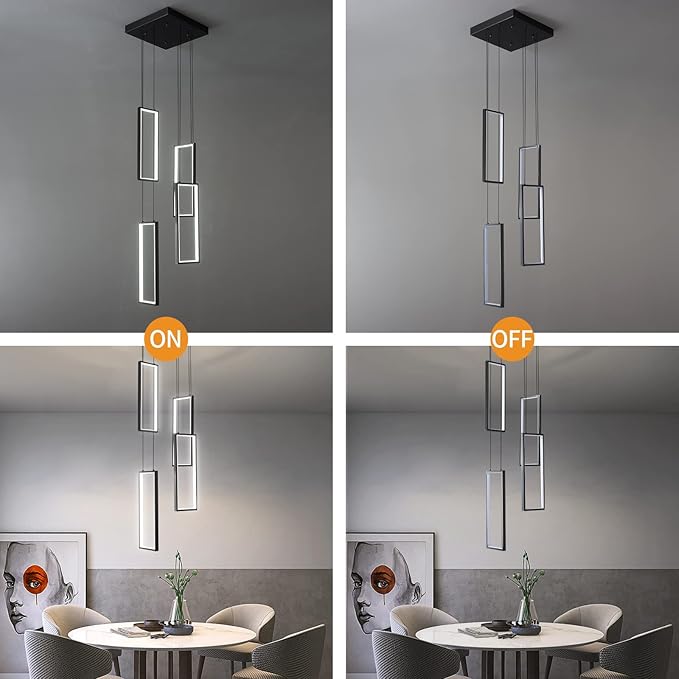 Modern Kitchen Island Dimmable Pendant Light Fixture Black 54W LED Pendant Lights 4 Rings Rectangular Chandelier Staircase Large Chandelier Lobby Living Room Foyer High Ceiling Chandeliers