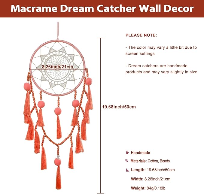 Pink Dream Catcher Wall Decor with Pompoms Macrame Large Dreamcatcher, Handmade Tassels Hanging Ornament Boho Room Decor for Girls Bedroom Living Room
