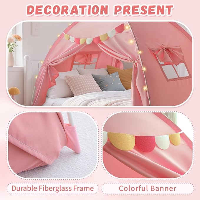 Razee Full Size Bed Canopy for Kids, Girls Bed Tent Dream Privacy Sleeping Tents Indoor, Toddler Under Bunk Bed Pink Tent with Pennant Banners