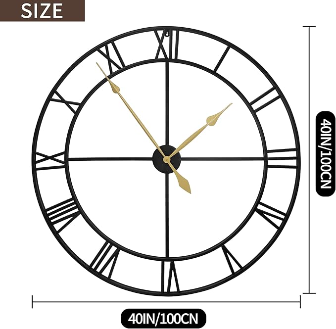 LEIKE 40 Inch Extra Large Modern Wall Clock, Oversize Rustic Round Nearly Silent Battery Operated, Black Metal Roman Numerals Wall Clocks for Living Room, Bedroom, Entrance Home Decor