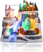 Christmas Village House Musical Christmas Village Skiing on The Mountain Carousel Train Collectible Buildings with LED Lights Vacation with USB Indoor Figurines Decoration