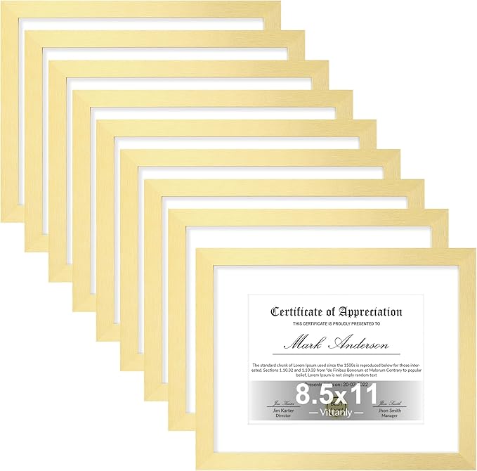 Vittanly 8.5x11 Picture Frames Set of 9, Shatter Resistant Plexiglass, Display 6x8 Pictures with Mat or 8.5x11 without Mat, Photo Frames for Wall or Tabletop, Engineered Wood, Gold