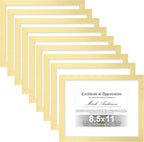 Vittanly 8.5x11 Picture Frames Set of 9, Shatter Resistant Plexiglass, Display 6x8 Pictures with Mat or 8.5x11 without Mat, Photo Frames for Wall or Tabletop, Engineered Wood, Gold