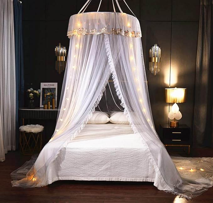 VETHIN Princess Bed Canopy for Girls Double Layer Sheer Mesh Dome Elegant Embroidery Lace Mosquito Net Bed Curtain for Full Queen King Bed with led Stars String Lights(Grey/White)