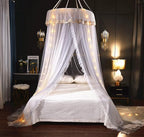 VETHIN Princess Bed Canopy for Girls Double Layer Sheer Mesh Dome Elegant Embroidery Lace Mosquito Net Bed Curtain for Full Queen King Bed with led Stars String Lights(Grey/White)
