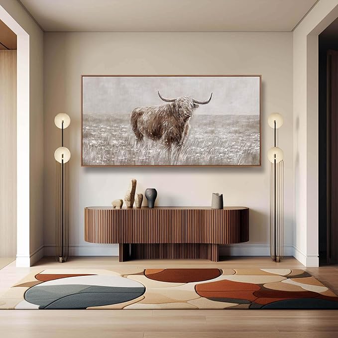 Farmhouse Highland Cow Wall Decor on Canvas with Framed Large Landscape Brown Artwork for Bedroom Living Room Office Decor 29x58 Inch