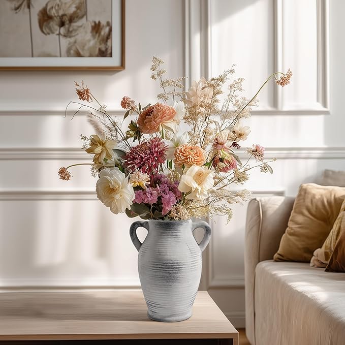 Sunddo Rustic Ceramic Vase for Home Decor, 8 inch Farmhouse Vintage Boho Vase, Farmhouse Decor, Table Living Room Bedroom Fireplace Decor