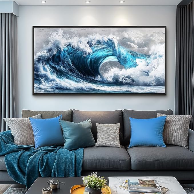 PHAOHUAXM Large Canvas Blue Wave Paintings Wall Art For Living Room Wall Decoration For Bedroom Ocean Wall Pictures Printing Office Decorations Posters Modern Home Decor Black Framed 30x60 In