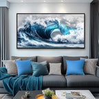 PHAOHUAXM Large Canvas Blue Wave Paintings Wall Art For Living Room Wall Decoration For Bedroom Ocean Wall Pictures Printing Office Decorations Posters Modern Home Decor Black Framed 30x60 In