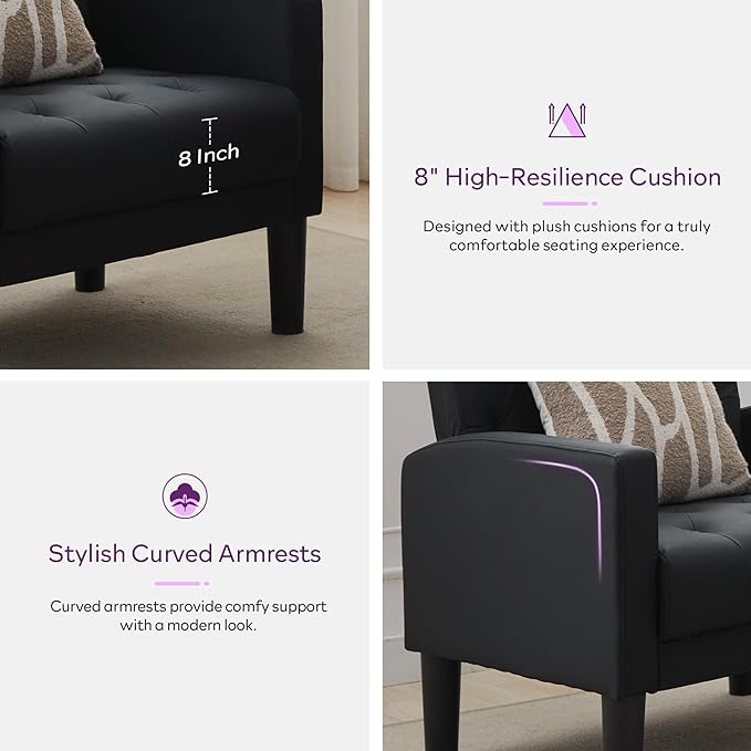 TYBOATLE Accent Chair Comfy Living Room Chair Black Leather Tufted Mid Century Modern Accent Chairs Small Cozy Reading Arm Chair for Office, Bedroom (1, Black)