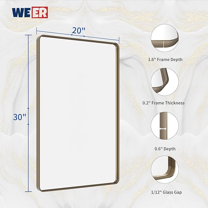 WEER 20x30 Inch Bronze Bathroom Mirror for Vanity, Brushed Bronze Metal Frame Mirror for Wall, Rounded Rectangle Bronze Frame Mirror with Tempered Glass, Anti-Rust (Horizontal/Vertical)
