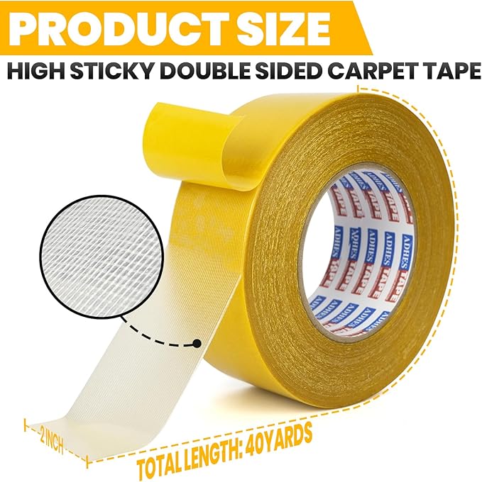 ADHES Double Sided Carpet Tape for Area Rugs – 2 Inch x 40 Yards, Heavy Duty Adhesive, Residue-Free, Rug Tape Gripper for Hardwood Floors, Tile, and Carpeted Surfaces