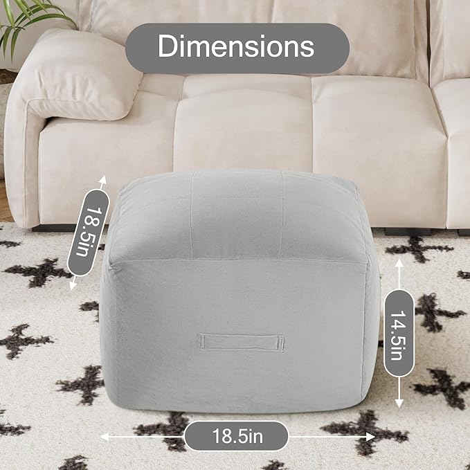 MeMoreCool Square Stuffed Pouf Ottoman Foot Rest, Floor Pouf Foot Stool with Foam Chunk Filling, Soft Stuffed Ottoman Footrest for Living Room, Light Grey