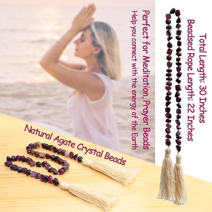Agate Stone Hand Knotted Garland Modern Farmhouse Rustic Table Home Decor, 30inch Meditation Accessories with Tassel, Prayer Healing Beads Boho Wall Shelf Hanging Decoration (Deep Purple)