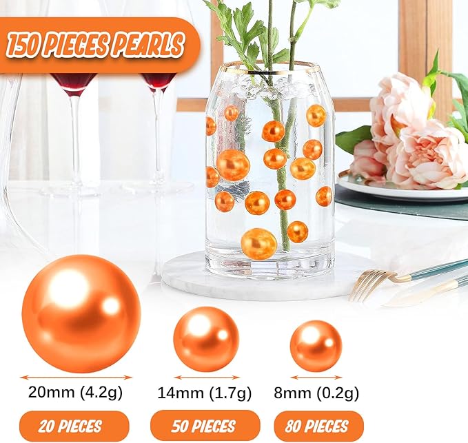 Orange Vase Filler | 150PCS Pearls Bead for Centerpieces Vases | 8/14/20 mm No Hole Beads, Fake Pearls for Wedding Birthday Theme Party Table Centerpieces Decor