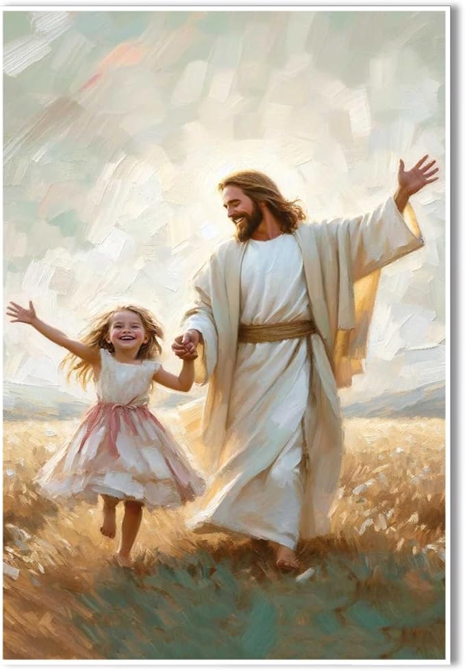 XWNLTEPK Dancing Day Christian Painting Jesus With Girl Christian Wall Art Bible Jesus Dancing With Little Girl Print Canvas Wall Art Poster