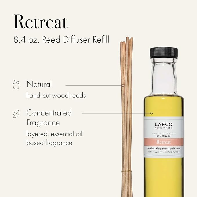 LAFCO New York Reed Diffuser Refill, Retreat - 8.4 oz - Up to 4-Month Fragrance Life - Includes Natural Wood Reeds - Free of Dyes & Propellants - Made in The USA
