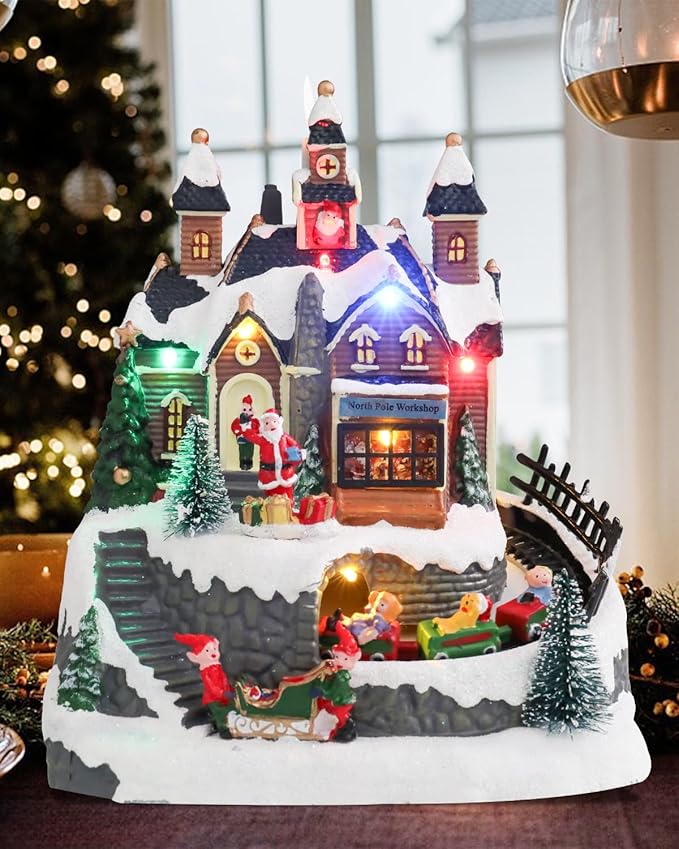 Bdor Christmas Village Lighted Decoration Musical Animated Display Christmas Collectible Santa Battery Operated Resin Indoor Decor